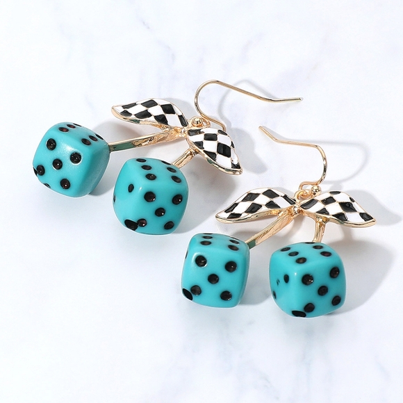 Retro Turquoise Checkered Dice Leaf Stem Cherry Dangle Earrings Enamel Cherries - Picture 1 of 3